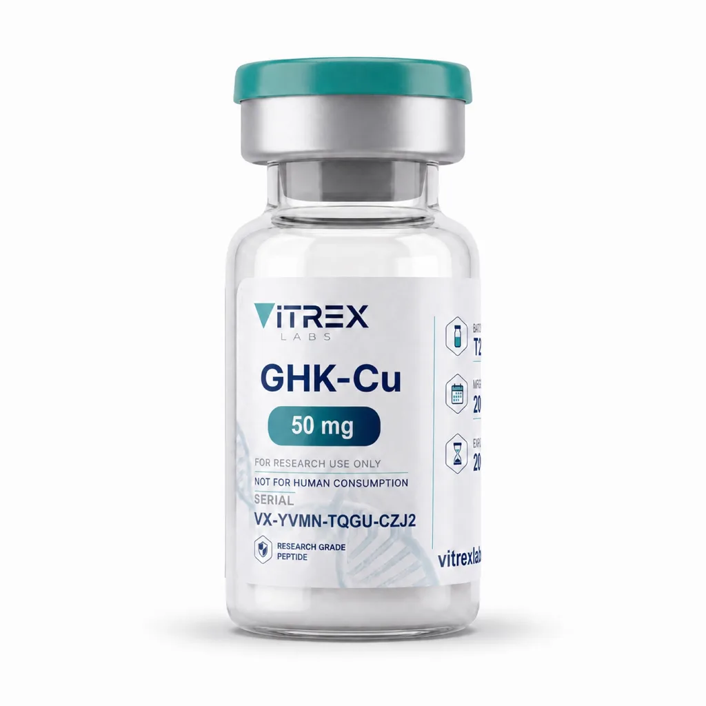 GHK-Cu – Vitrex Labs Vial mit Chargenetikett, Vorderansicht