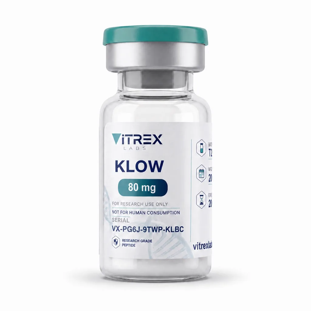 KLOW 80 mg – Vitrex Labs Vial mit Chargenetikett, Vorderansicht