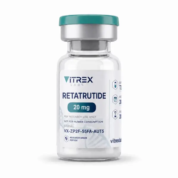 Retatrutid 20 mg – Vitrex Labs Vial mit Chargenetikett, Vorderansicht