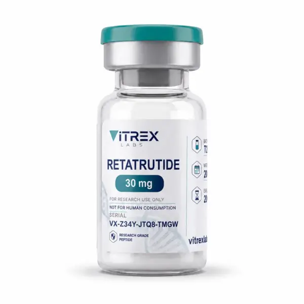 Retatrutid 30 mg – Vitrex Labs Vial mit Chargenetikett, Vorderansicht