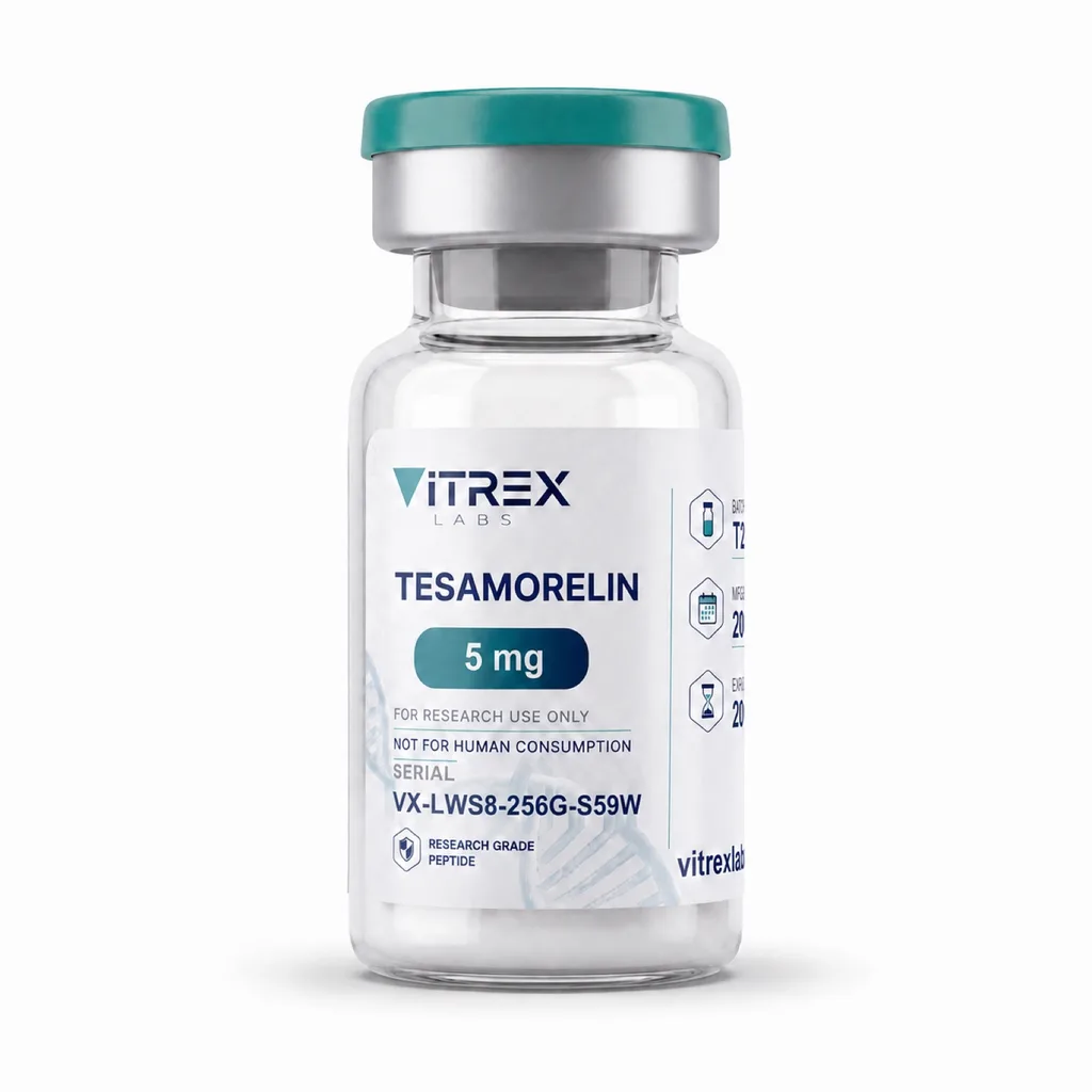 Tesamorelin – Vitrex Labs Vial mit Chargenetikett, Vorderansicht