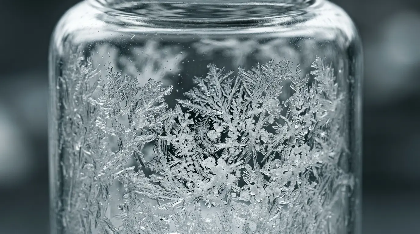 Makroaufnahme: Eiskristalle in einem Laborglas